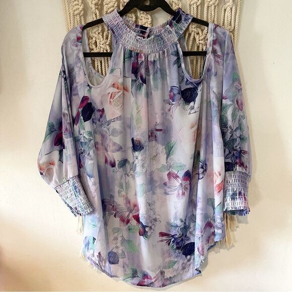 Georgette Smocked Neck Cold Shoulder Blouse - Women SZ 2XL - Business Casual - Picture 2 of 10